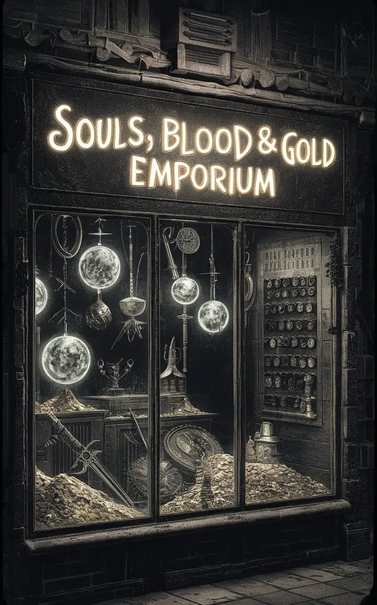 Comic Book Ad Souls Blood Gold Emporium in Black and White