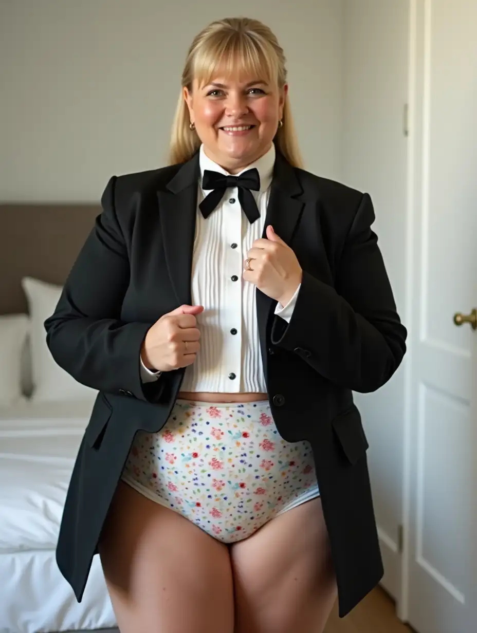 Smiling-Caucasian-Woman-in-Formal-Orchestra-Tuxedo-with-Bow-Tie-in-White-Bedroom