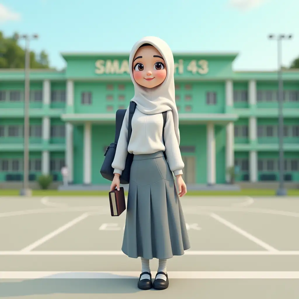 3d cartoon of a teenage woman wearing a white school uniform, a grayish blue ruffled skirt, wearing a white hijab, black school shoes and a dark blue school bag. her right hand is holding a book. against the background of a basketball court and a green painted school building that clearly says 'SMA Negeri 43'. make sure the writing is clear, correct and legible