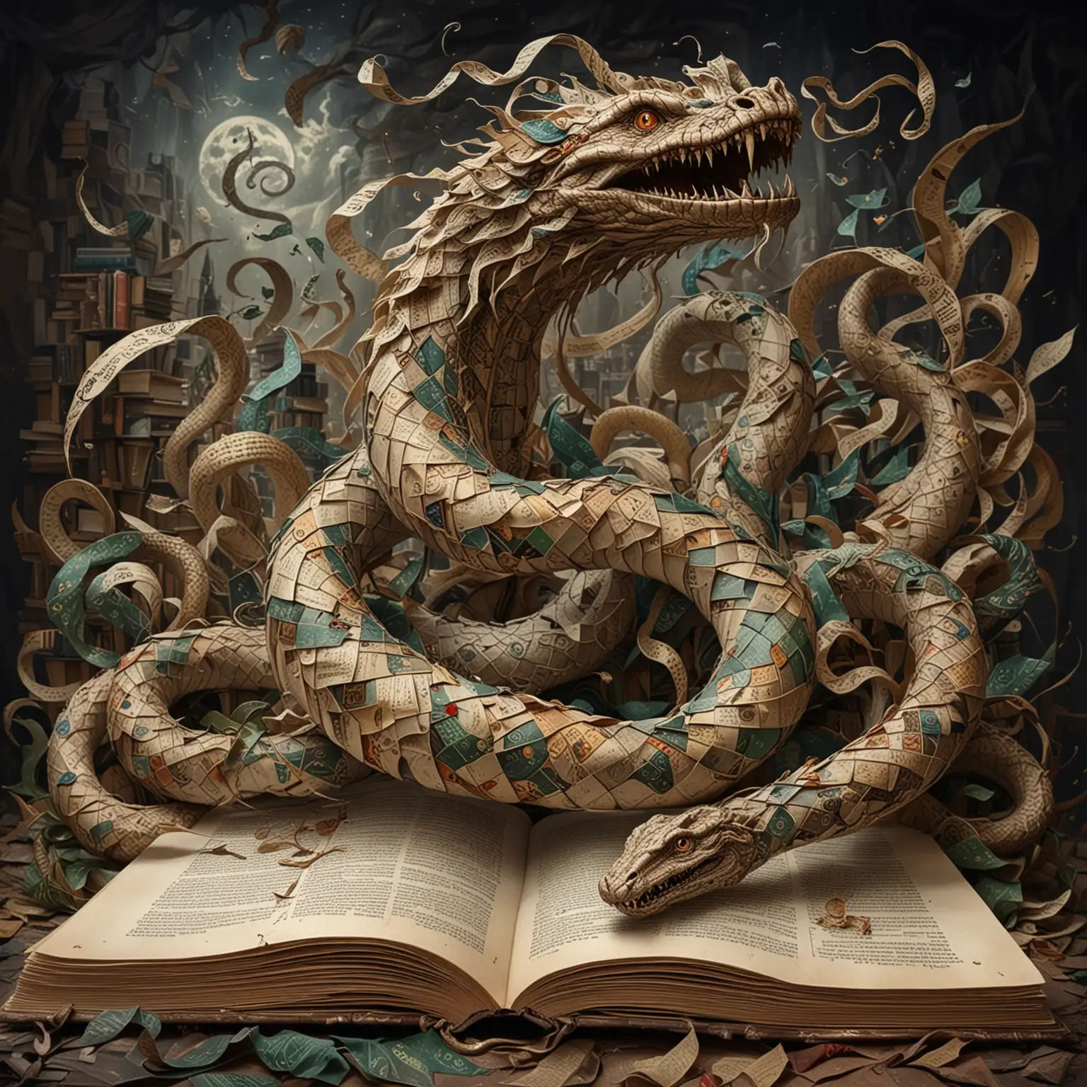 Chaotic Magical Serpent Made of Book Pages and Paper