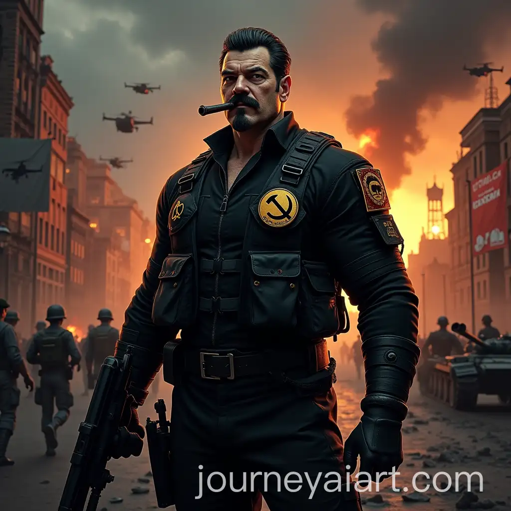 Dystopian-Soldier-with-Stalins-Face-in-a-Chaotic-Battlefield