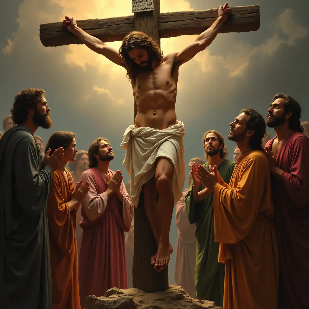 Jesus crucified on the cross, with various people praying around Him and looking at Him with faces full of sadness. Jesus saying words of comfort and that God's will be done