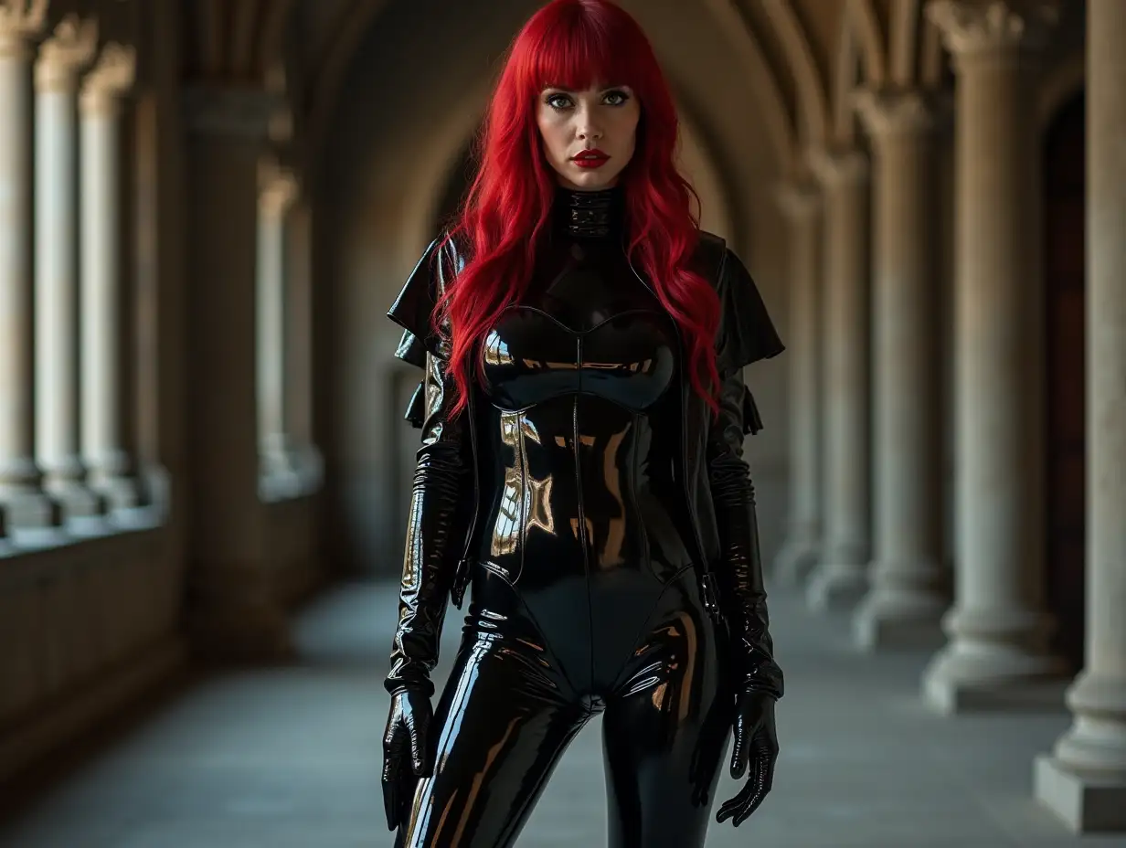 realistic photo , woman with red hair standing , wearing black shinny pvc catsuit , shinny pvc jacket , wearing black shinny pvc thigh high boots , shinny pvc long gloves , in gothic cathedral