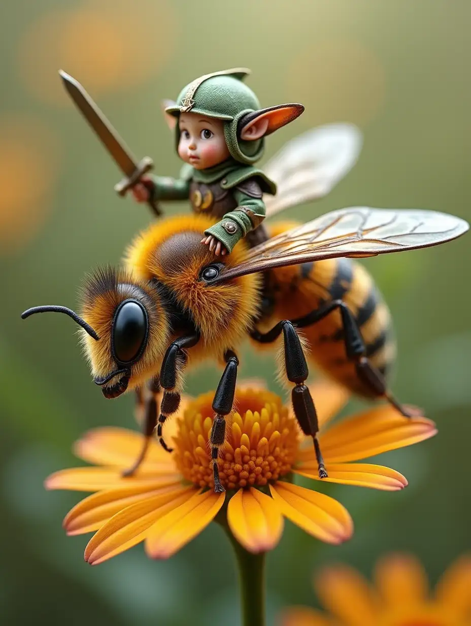 Miniature-Elf-Warrior-Riding-a-Honeybee-in-a-Meadow