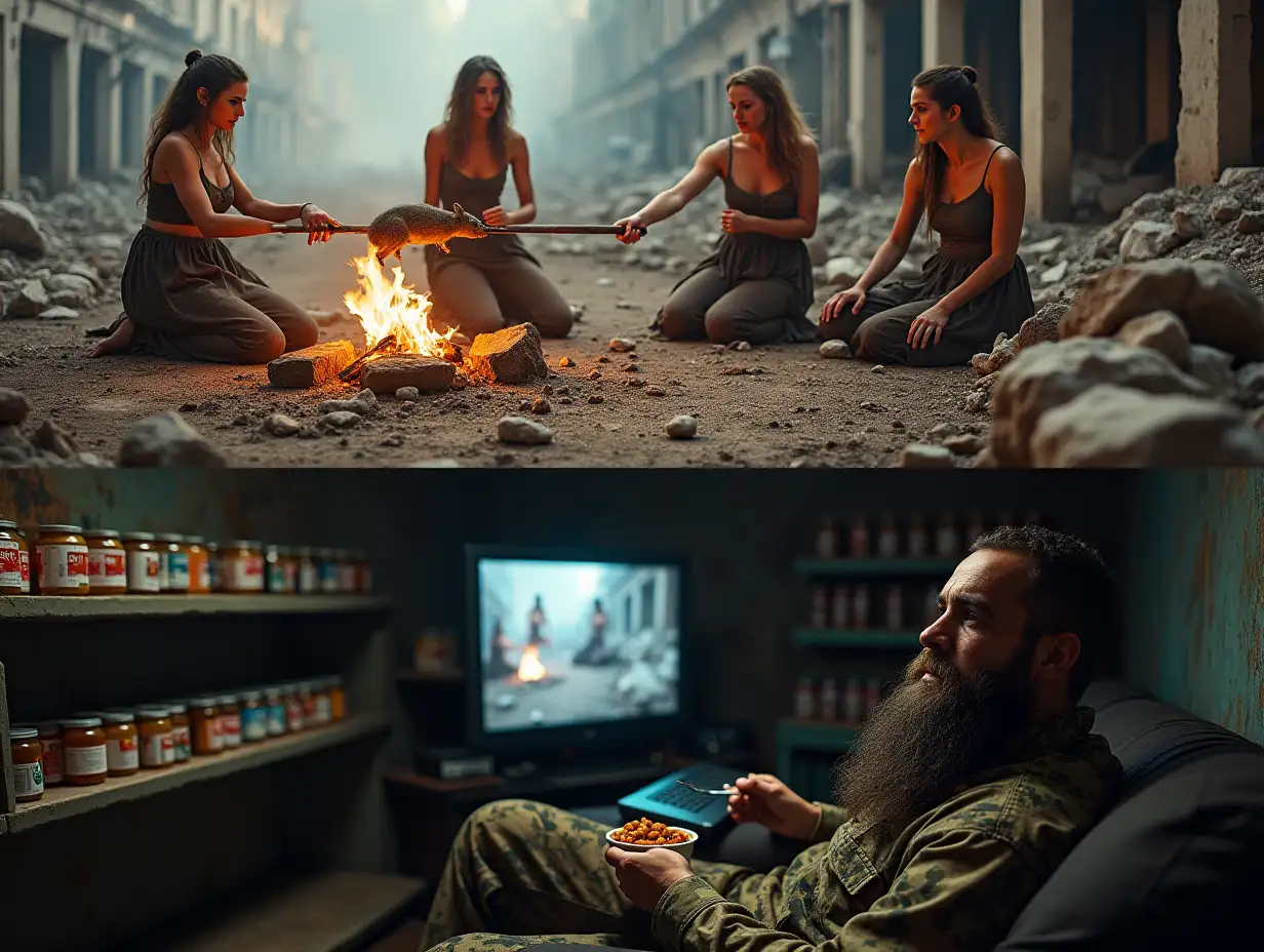 user_prompt: An image is divided into two horizontal parts. At the top, on the ground among ruins, a group of three disheveled women, who are glamorous and in rags, roast a rat on a spit over a fire. Below, from a bunker, a bearded man in camouflage sits on a couch, watching this scene with interest on a monitor screen, eating canned stew with a spoon. Along the wall of the bunker are shelves with rows of cans of preserves. Photorealism, high quality.