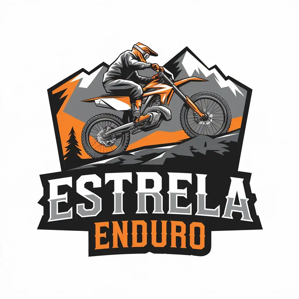 LOGO Design for Estrela Enduro Dirt Bikes Mountains and Portugal Theme with KTM Orange and Rider Going Uphill