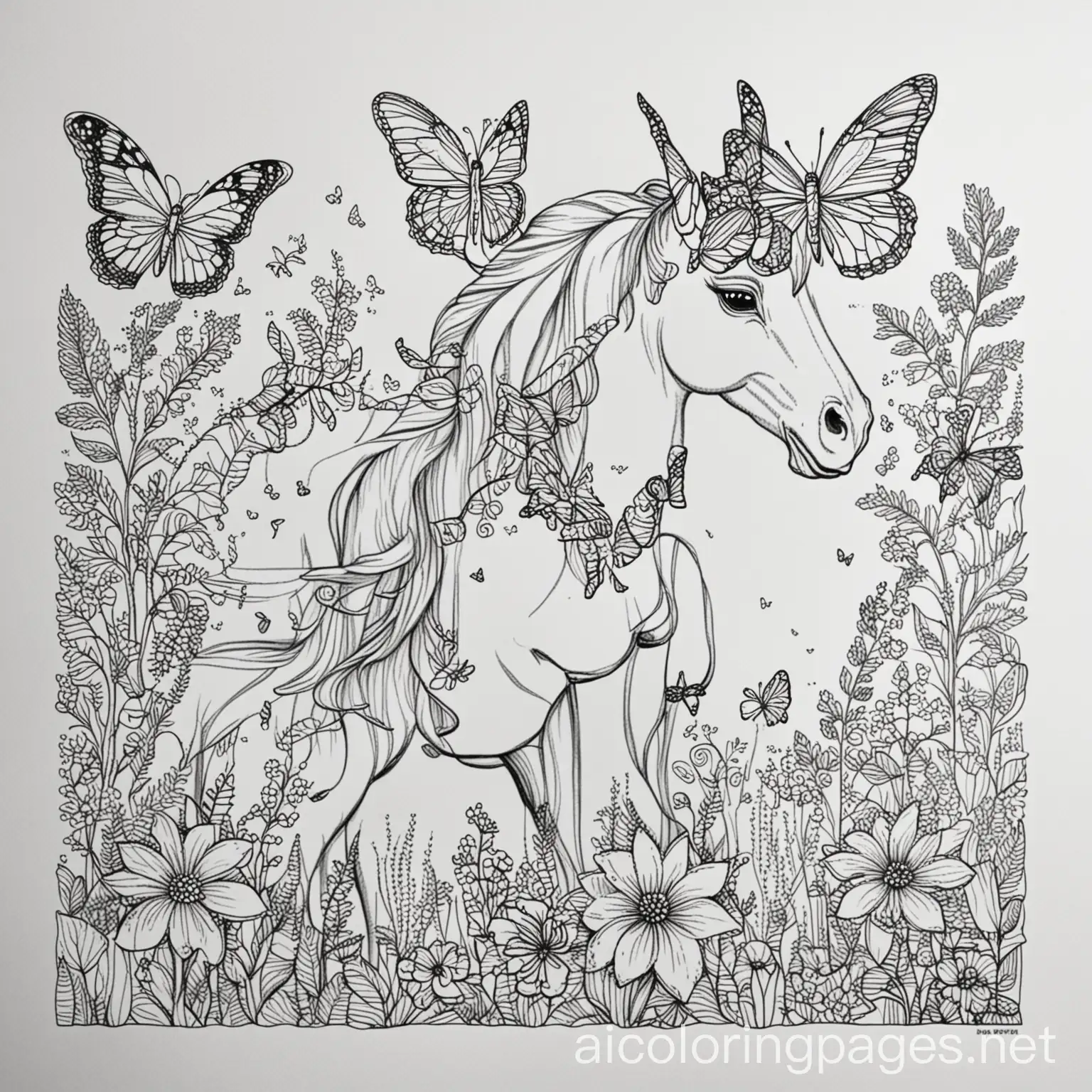 butterflies, flowers, unicorns, Coloring Page, black and white, line art, white background, Simplicity, Ample White Space. The background of the coloring page is plain white to make it easy for young children to color within the lines. The outlines of all the subjects are easy to distinguish, making it simple for kids to color without too much difficulty