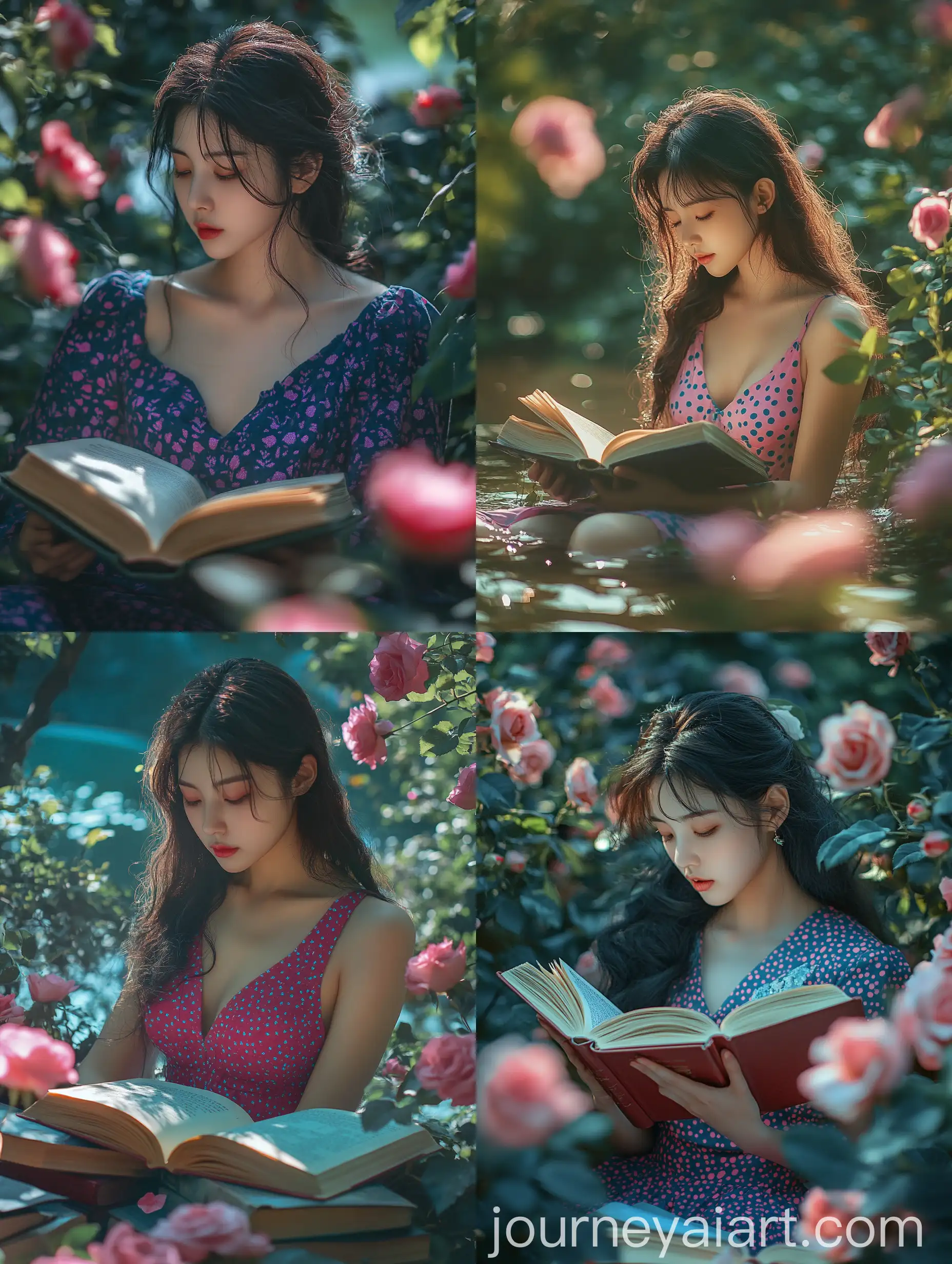 Tranquil-Park-Reading-Korean-Woman-in-Magenta-Sundress-with-Books-and-Pink-Roses