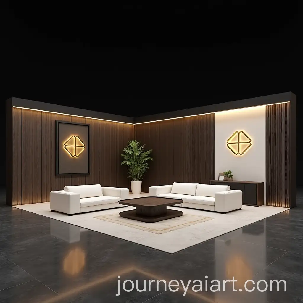 Minimalist-Luxury-Stand-Booth-with-Golden-Logo-and-Modern-Furniture