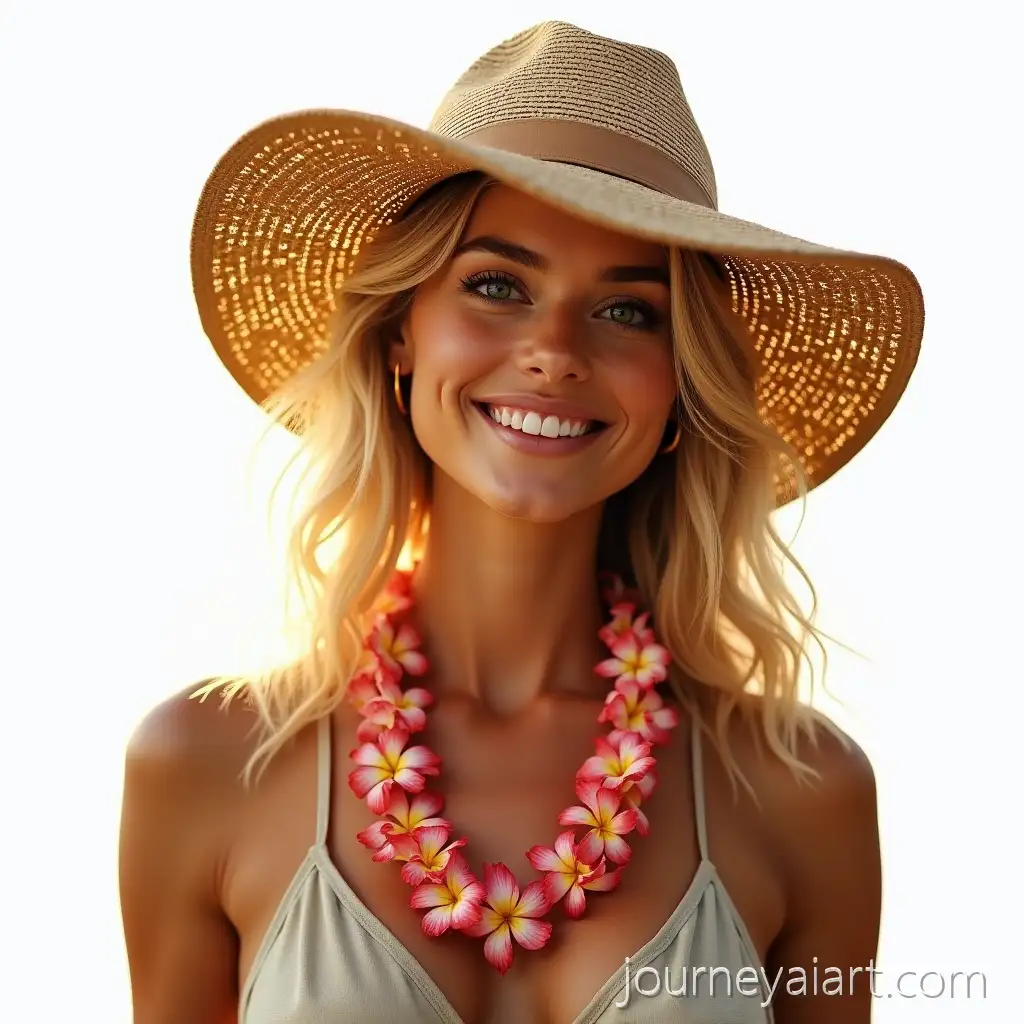 Woman-with-blonde-hairBlonde-Woman-with-Hawaiian-Necklace-and-Hat-on-White-Background