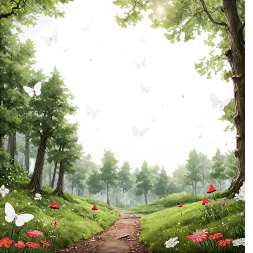 PNG-Landscape-of-Forest-with-White-Butterflies-and-Gnomes-Ethereal-Beauty-in-Digital-Art