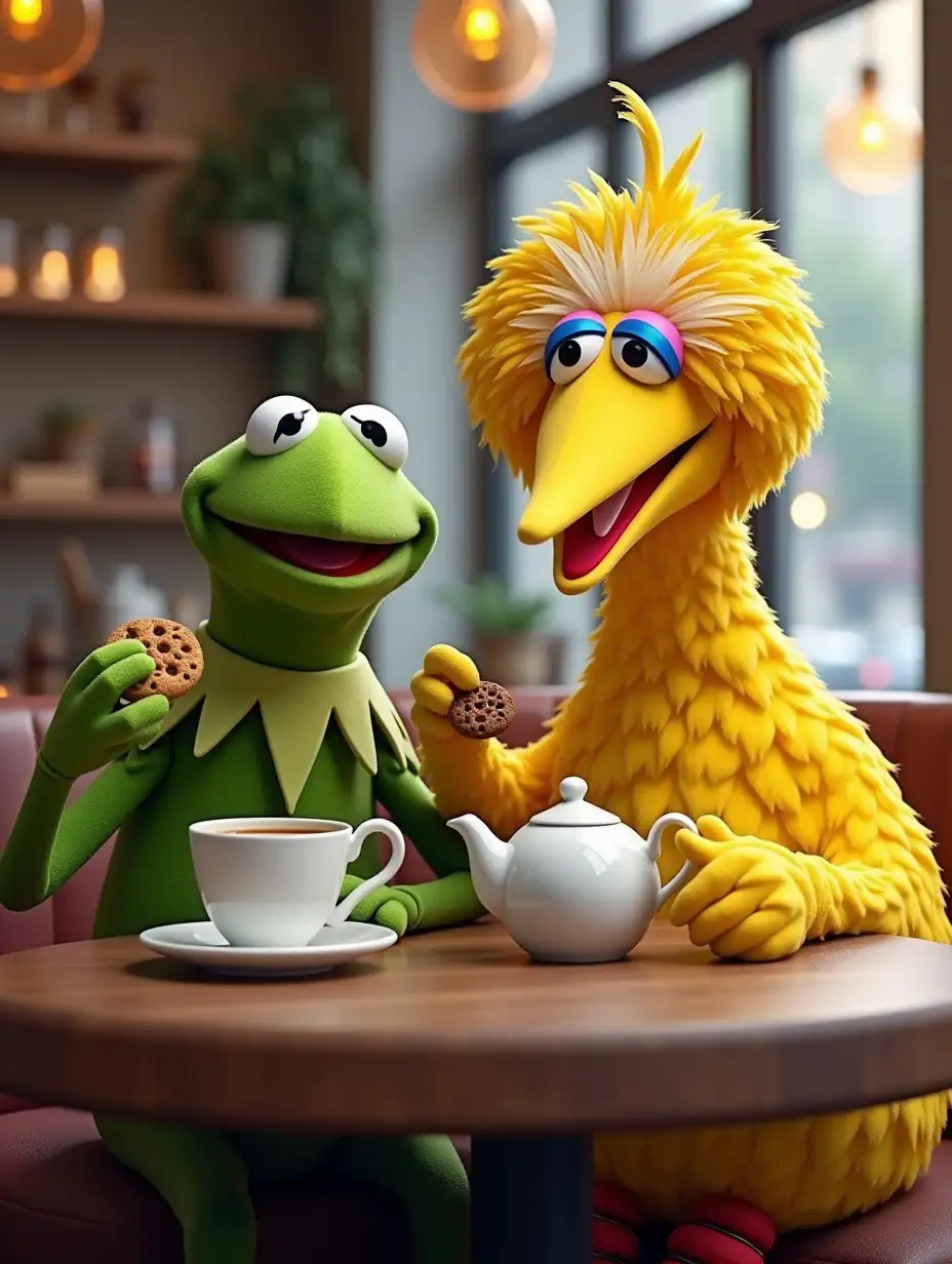 Kermit the frog and big bird are sitting at a coffee shop together. Big bird is eating a cookie and Kermit is drinking a cup of tea and has his teapot on the table.