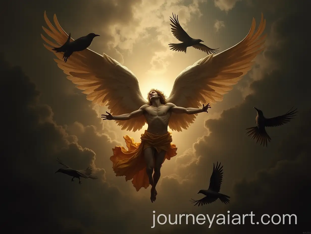 Fallen-Angel-Surrounded-by-Ravens-in-Dark-Baroque-Style-Painting