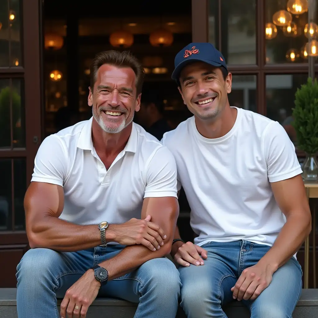 Arnold-Schwarzenegger-with-a-Friendly-Indonesian-Man-at-a-Luxurious-Caf