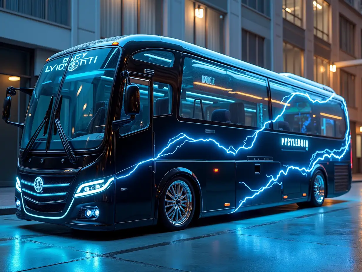 Supermodern utopian sports Bus with black lightning blue color,with Lightning, lowered bodywork, 18-inch rims, aluminum wheels, Cream Blue Gold, Cyberpunk.