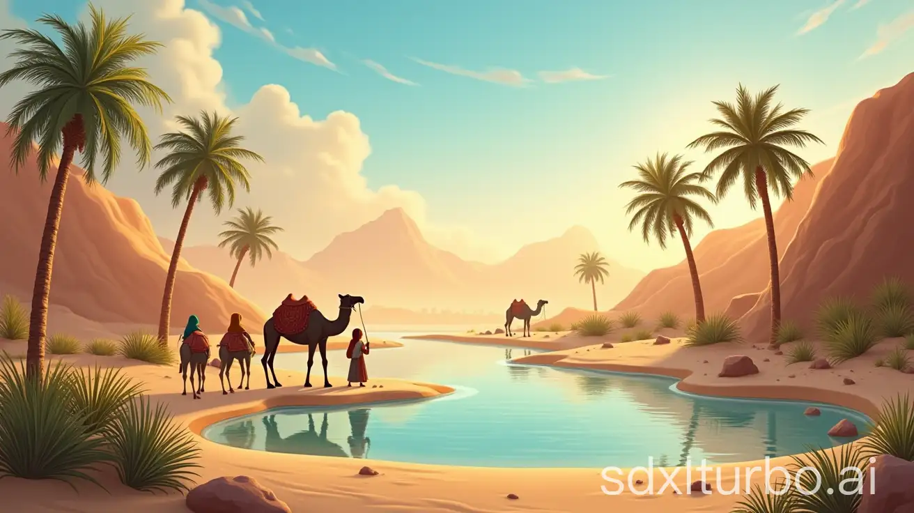 A realistic oasis in the desert with palm trees, camels, water, and Arabic children