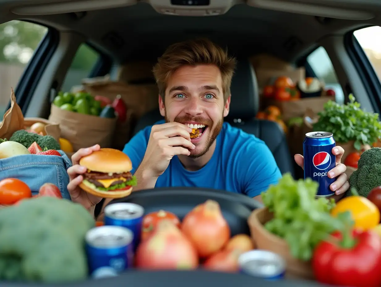 Front view of a car with a young man sitting in the driver's seat surrounded by an overwhelming amount of groceries and food products stacked and piled around him, filling almost all the available space in the car. The man looks very happy. In the very foreground, a European young man with blue eyes in a blue T-shirt. He holds a delicious burger in one hand and bites it with his teeth. In the other hand, he holds a can of cold Pepsi Cola. Around him, bags of fresh vegetables, fruits, canned goods and snacks cover the passenger seat, dashboard and back seat. The car's interior is brightly lit, highlighting the bright colors of the food packaging, creating a chaotic but playful scene with high detail, realistic photography style, 4k resolution.