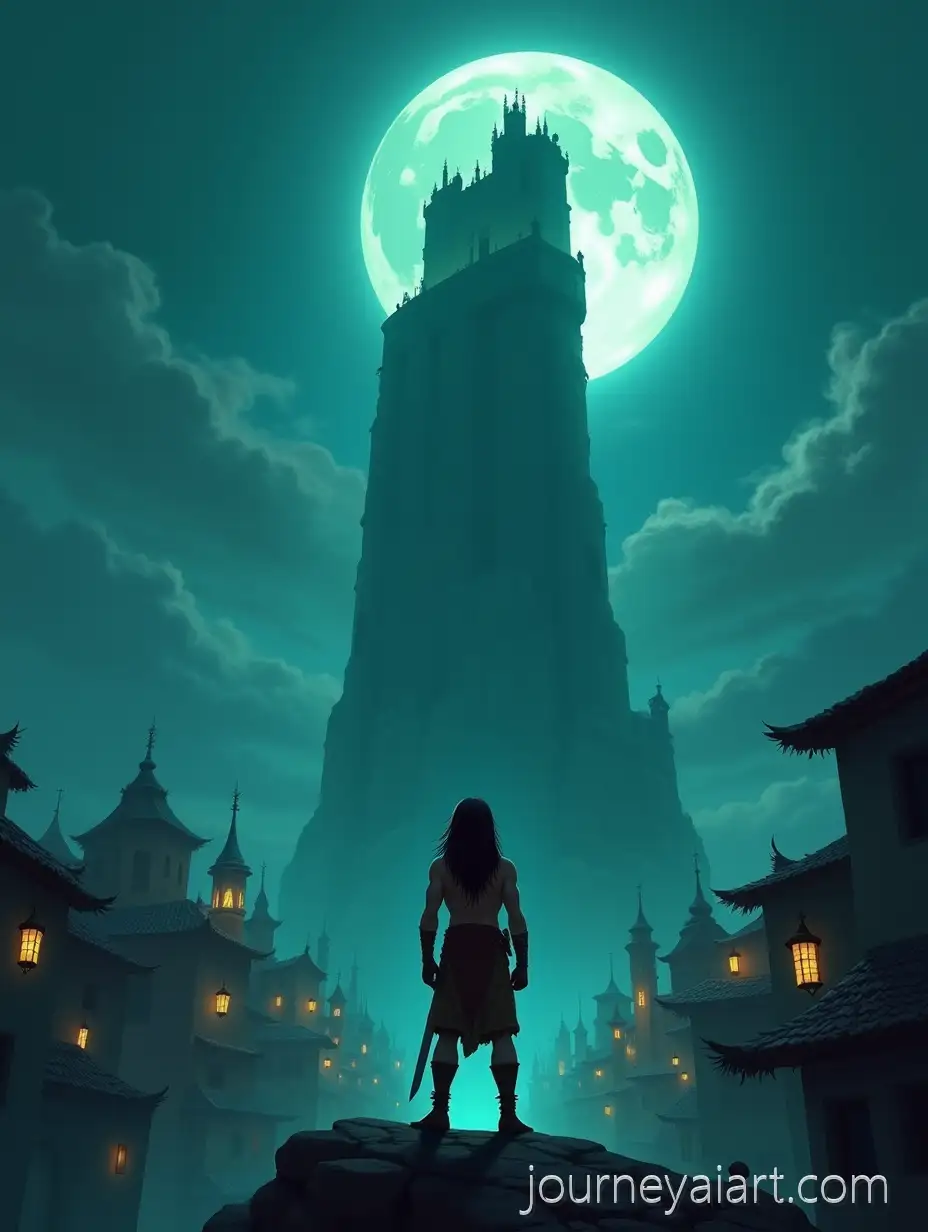 Young-Conan-Standing-Before-the-Tower-of-the-Elephant-in-Epic-Fantasy-Cityscape