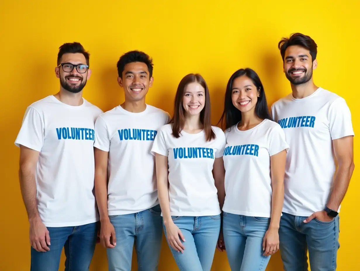 Six individuals, a balanced mix of three men and three women, one Asian girl, Hispanic,stand side by side in a harmonious composition. They are all adorned in crisp white T - shirts, upon which the word 'VOLUNTEER' is emblazoned in a vivid, attention - grabbing shade of blue. The font is bold yet clean, easy to read. Complementing their tops, they sport casual blue jeans with natural - looking creases and fabric textures. Each person has a genuine, wide smile, with well - defined facial features, sparkling eyes, and teeth clearly visible, exuding warmth and friendliness. The light yellow background is soft and evenly lit, enhancing the overall cheerful vibe without any harsh shadows or distractions. It gives a sense of openness and positivity, contributing to the highly promotional aesthetic. The image is rendered in ultra - high resolution, with every detail, from the individual strands of hair to the stitching on the clothes, captured with precision. The colors are vibrant and true - to - life, creating a visually appealing and professional - looking result.