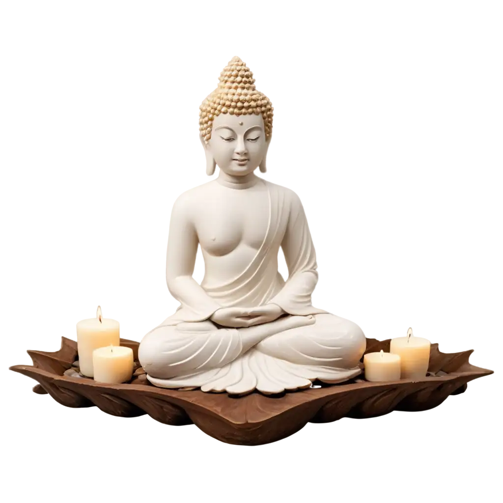 Elegant-White-and-Golden-Buddha-Statue-PNG-A-Serene-Lotus-and-Candle-Design