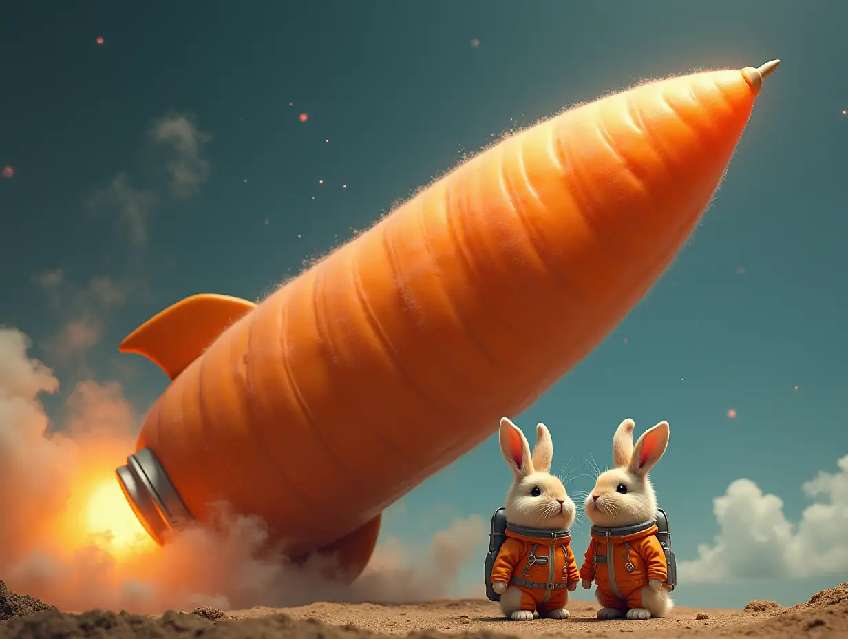 A large carrot-shaped rocket. Three rabbits in space suits are standing next to it, looking dramatically at the rocket.