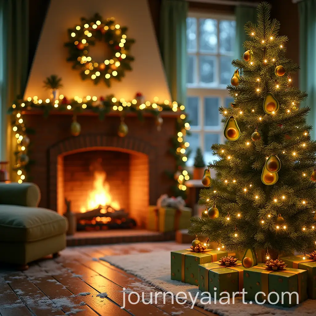 Festive-Holiday-Scene-with-Avocado-Themed-Christmas-Tree-and-Decor