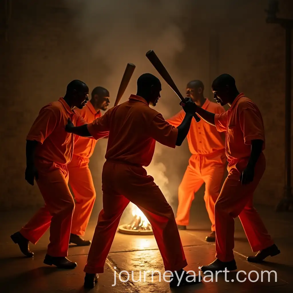 Prisoners-in-Orange-Jumpsuits-Dancing-Around-a-Fireplace-with-Bats-and-Clubs