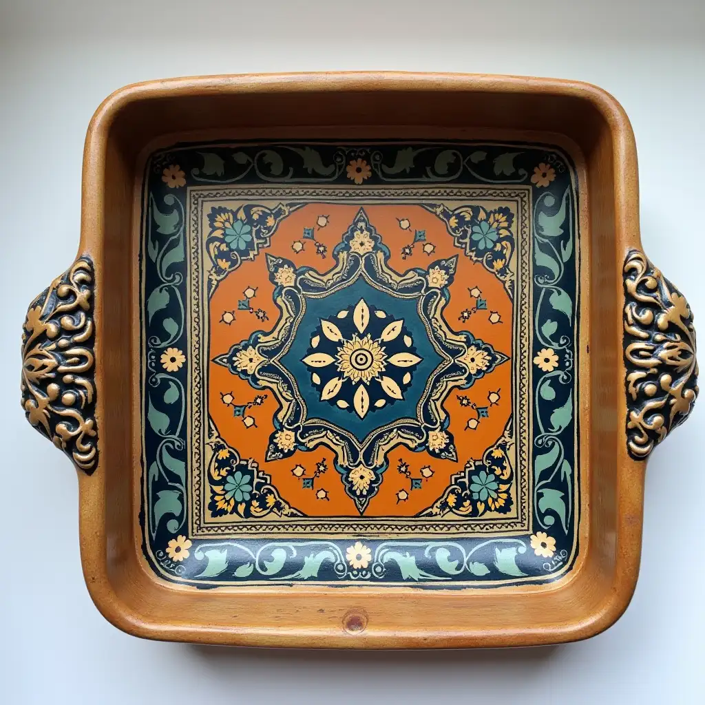 Square with rounded corners ceramic serving dish with embossed beautiful handle, antique and old, Qajar art, Iranian Tabriz carpet design