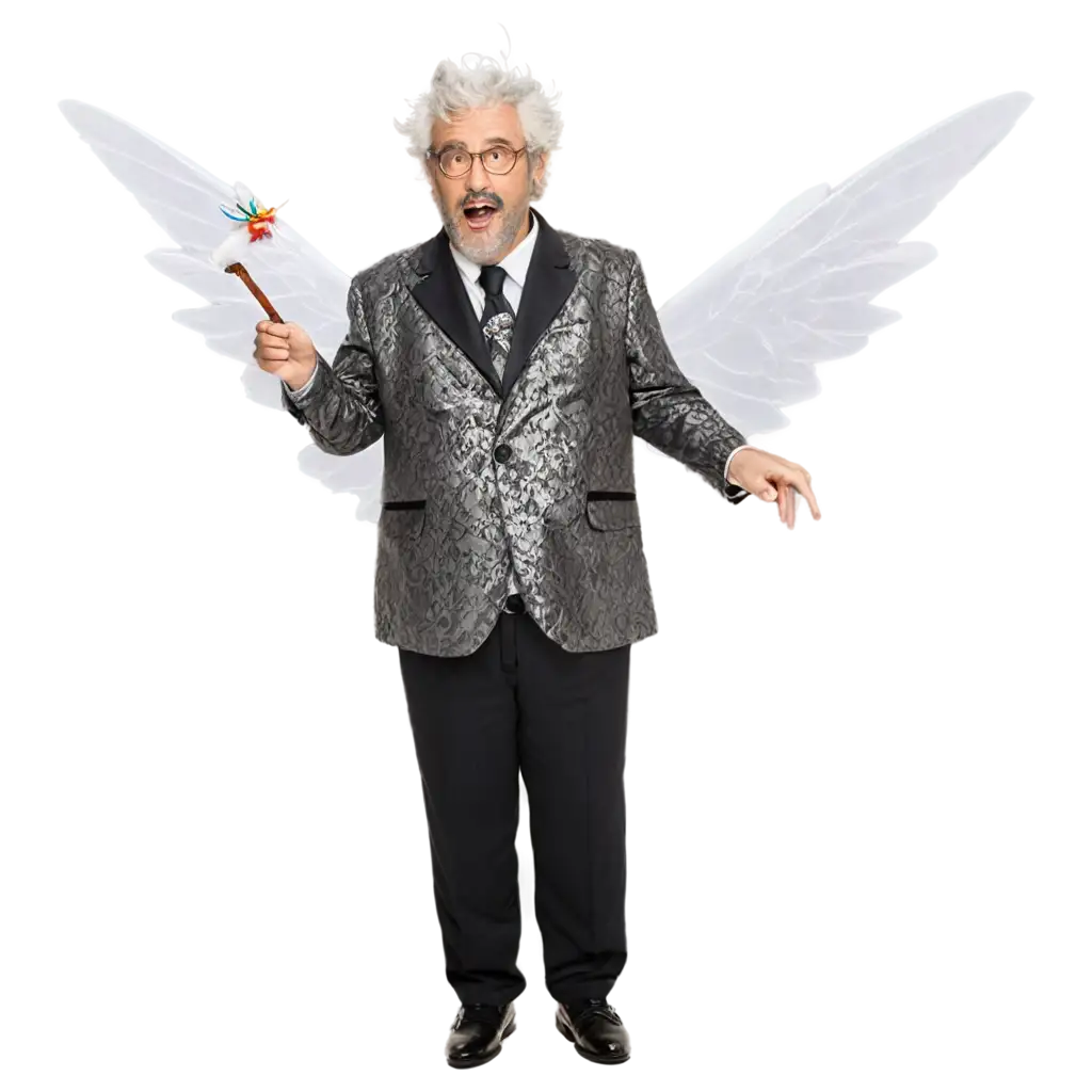 over weight 55ish male tooth fairy with wings and fairy tale outfit  with smoking cigar, in mouth,  balding  head on top, with grey hair on side, with a very hairy chest, 4-day old facial hair holding magic wand and large tooth