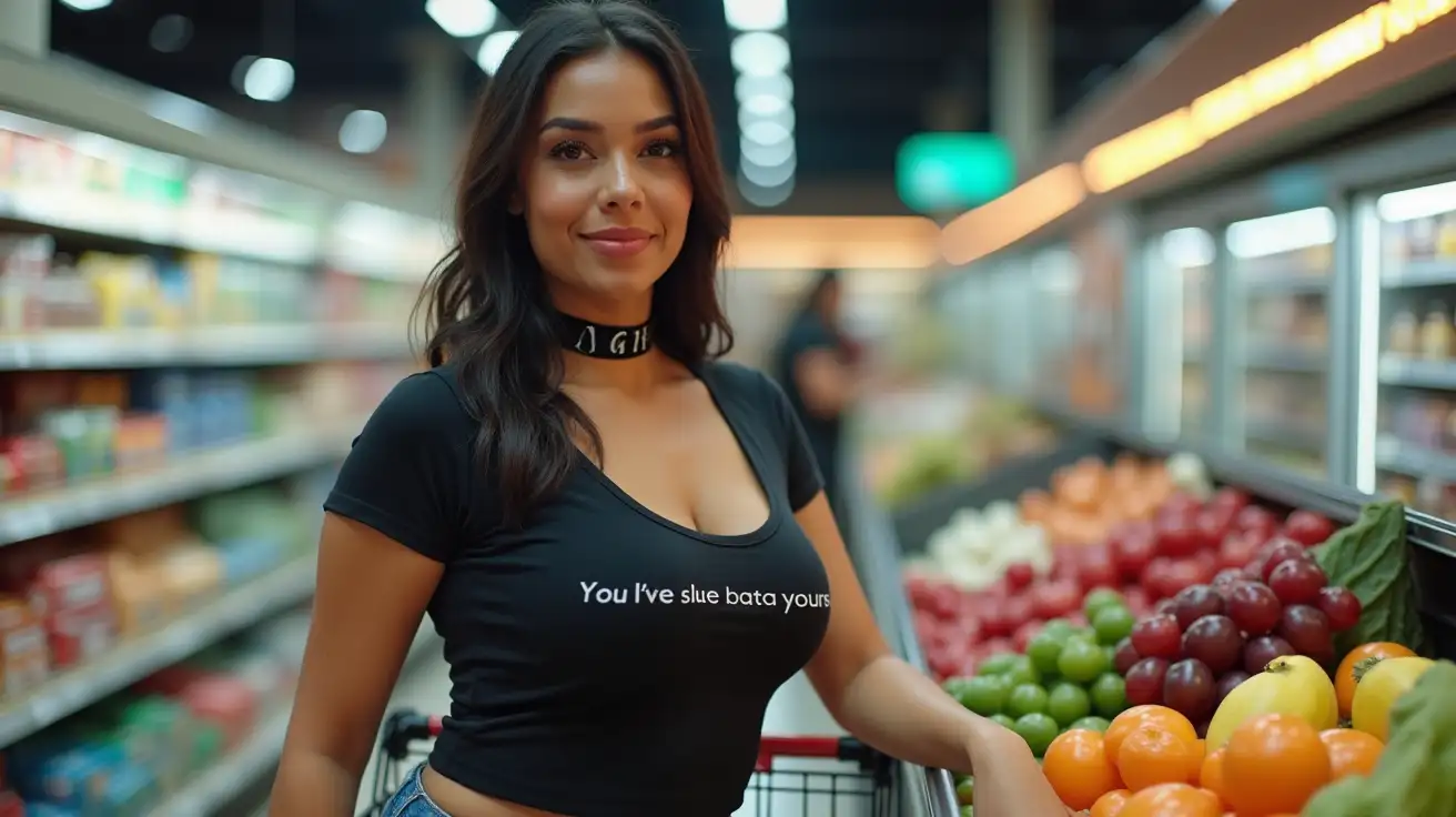 Stylish-Woman-in-Supermarket-Aisle-with-Black-Choker-and-Graphic-Tee