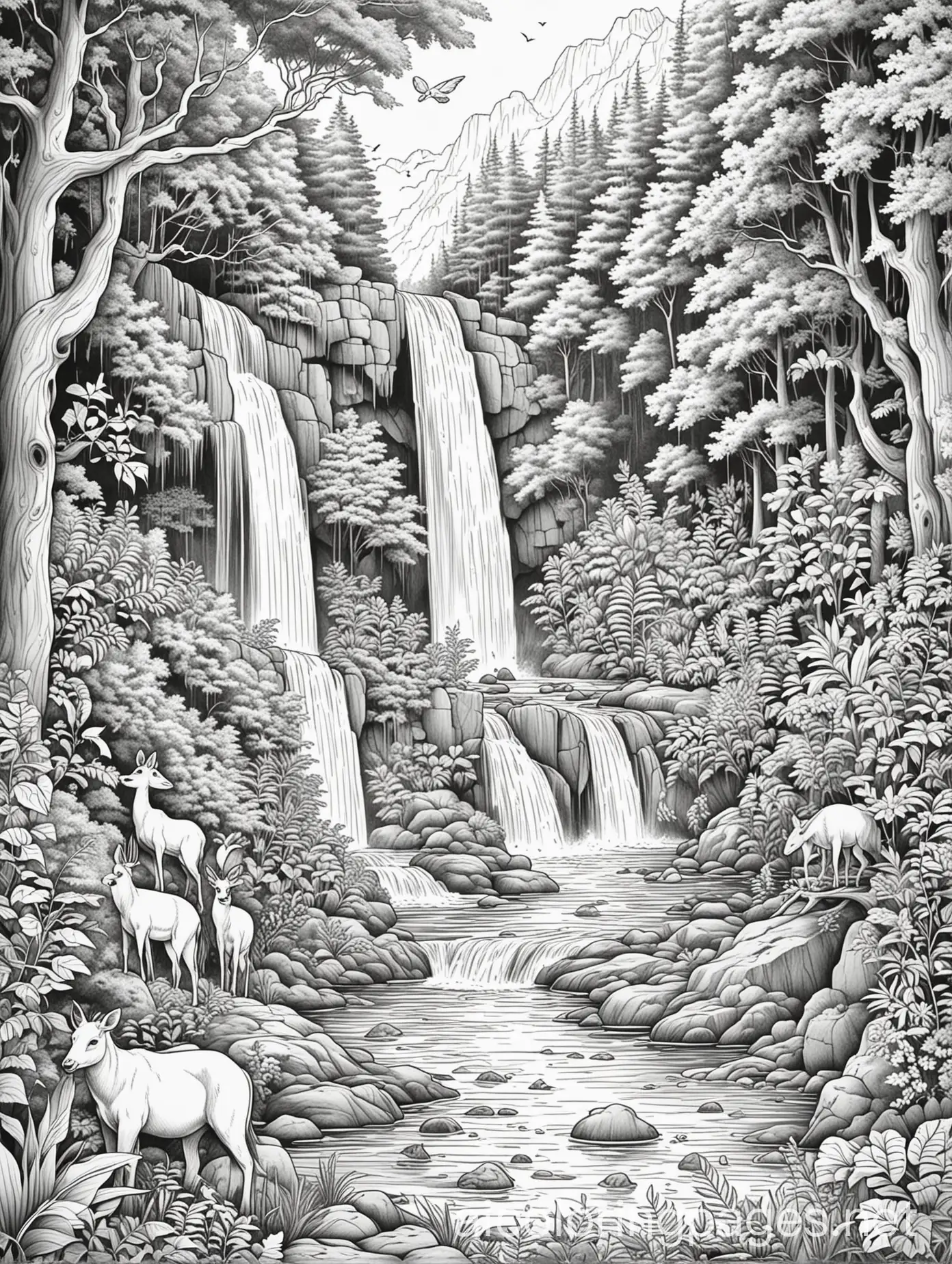 A picturesque waterfall hidden deep in the forest with playful animals splashing around and mystical creatures nearby., Coloring Page, black and white, line art, white background, Simplicity, Ample White Space. The background of the coloring page is plain white to make it easy for young children to color within the lines. The outlines of all the subjects are easy to distinguish, making it simple for kids to color without too much difficulty