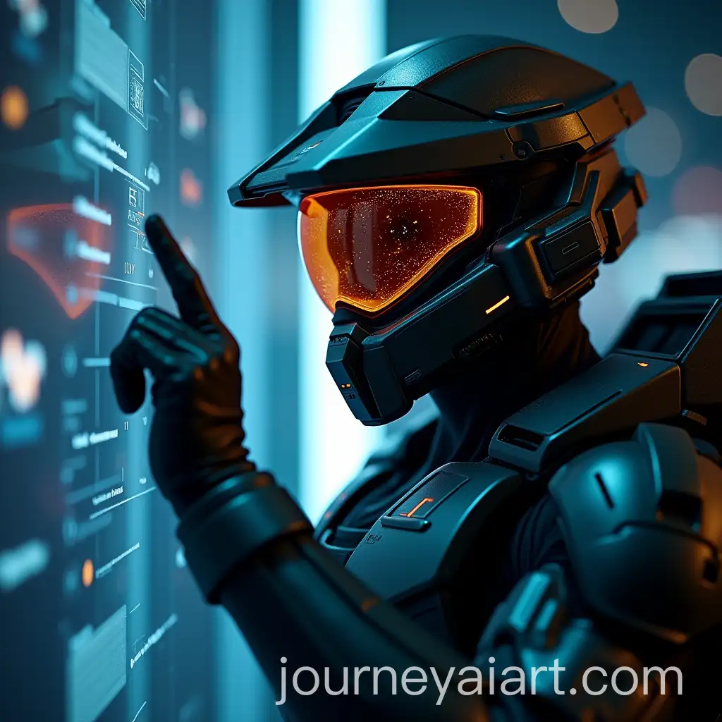 Futuristic-Character-with-HALOstyle-Helmet-Tapping-on-Surface