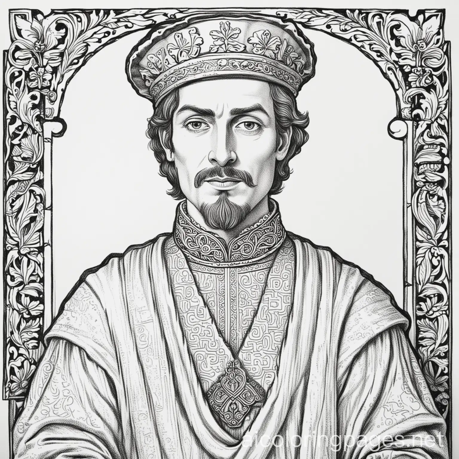 12th century English nobleman, Coloring Page, black and white, line art, white background, Simplicity, Ample White Space. The background of the coloring page is plain white to make it easy for young children to color within the lines. The outlines of all the subjects are easy to distinguish, making it simple for kids to color without too much difficulty