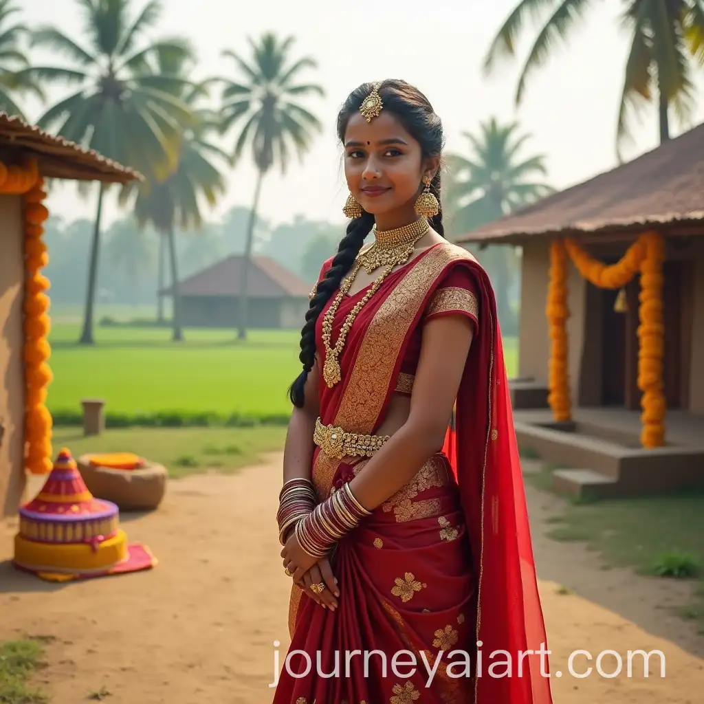 Young-Indian-Bride-in-Traditional-Saree-Amidst-Serene-Rural-Landscape