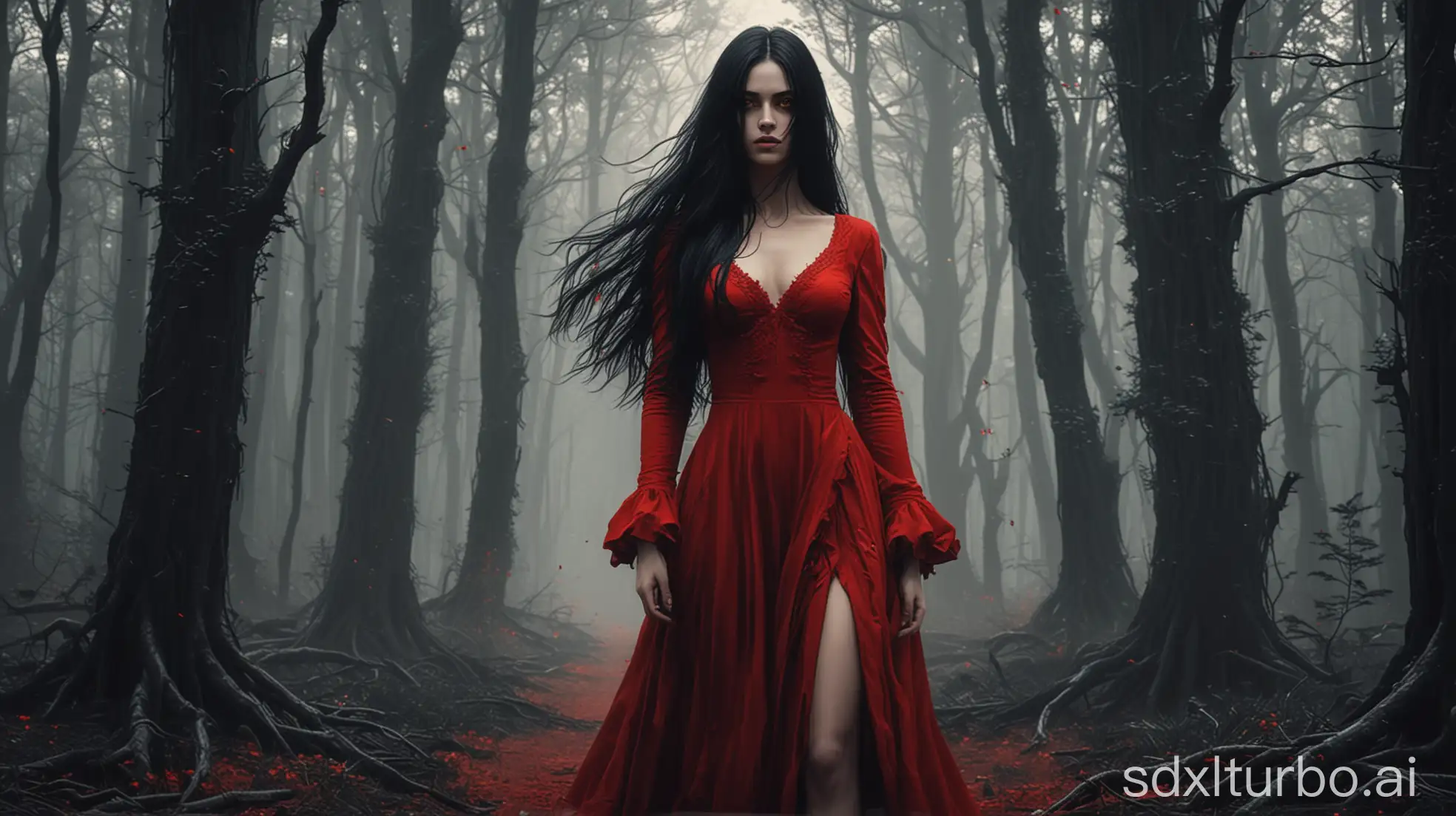 Eerie-Gothic-Pixel-Art-Lost-Girl-in-Blood-Red-Dress-with-Taxus-Trees