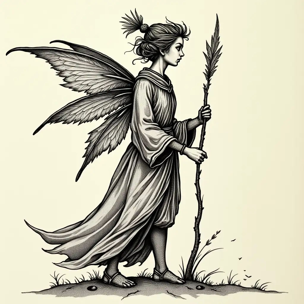 Medieval-Ink-Illustration-of-a-Mystical-Fairy-in-Enchanted-Forest