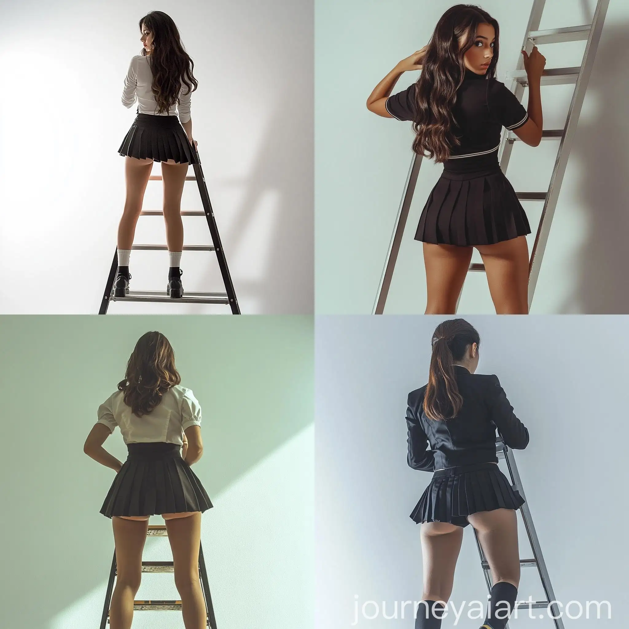 Brazilian-Woman-in-School-Uniform-Climbing-Ladder-in-Photography-Studio