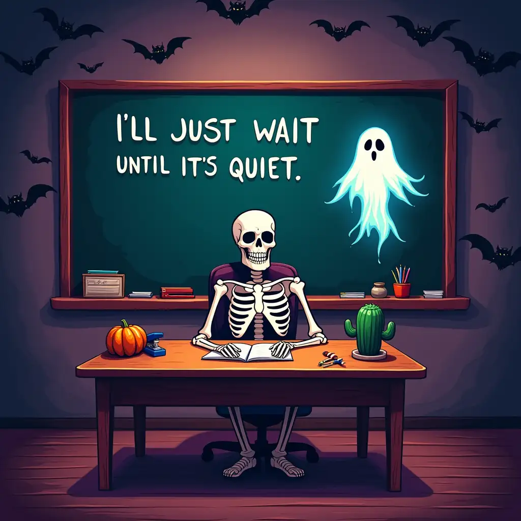 Vector. A skeleton sitting at a teacher's desk, surrounded by Halloween decorations. A ghost hovers above the chalkboard, and a pumpkin sits on the desk. Bats fly around the room, and there is a stapler, pencils, and a cactus on the desk. fun horror classroom background. the text 'I''LL JUST WAIT UNTIL IT'S QUIET.' written above the chalkboard. neon