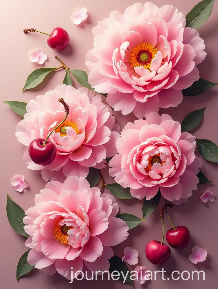 CloseUp-Wall-Painting-of-Cherries-and-Pink-Peonies-in-Elegant-Composition