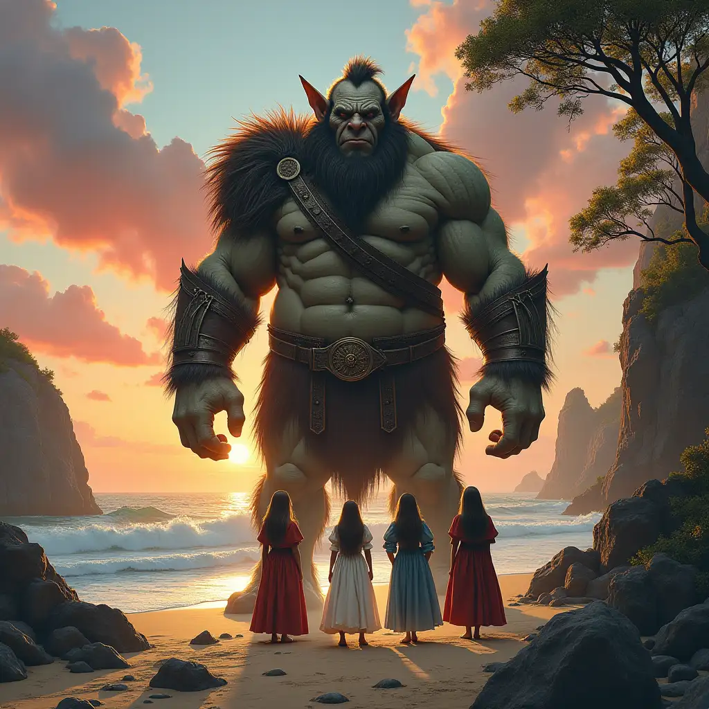 Detailed hyperrealistic portrait of a 20 meter giant troll in leather armor standing before three princesses on a beach with big waves, rocks and trees and hanging plants and sunset, red clouds with perfect attention to texture, surfaces and lighting, to give depth, dimension and a photorealistic look.