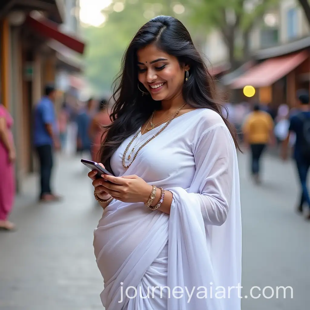 Indian-Woman-in-Traditional-Clothing-Smiling-and-Using-Phone-on-the-Street
