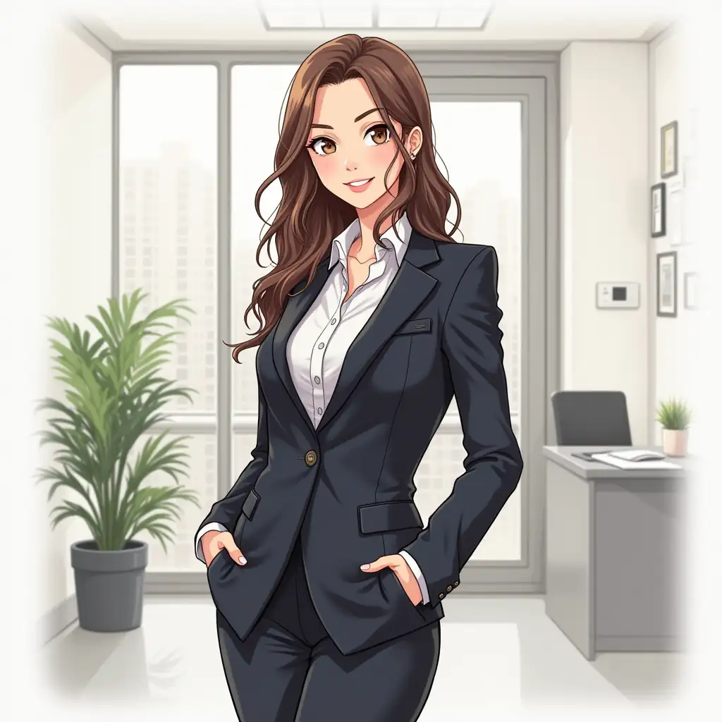 Draw a beautiful girl in an expensive business suit at the office