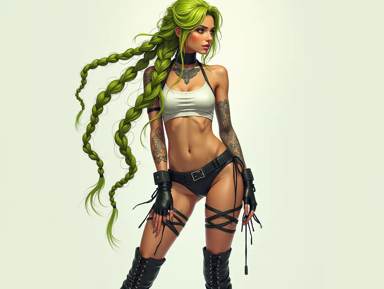 Depiction of a beautiful white woman with -tattoo, long mixed green-yellow braided hair in a futuristic style and laced boots.