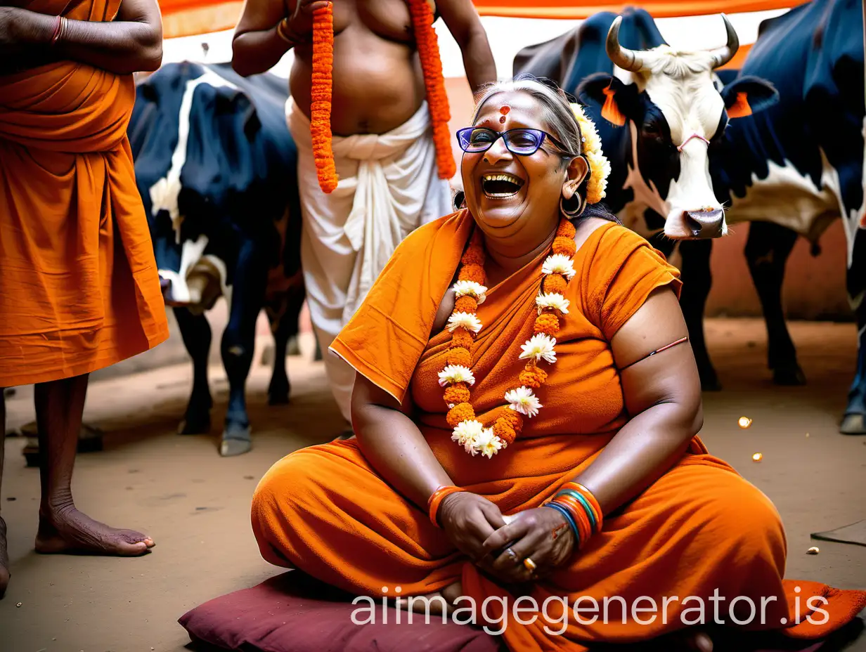 Indian-Hindu-Monk-Woman-Laughing-in-Ashram-with-Cow-and-Flower-Garland