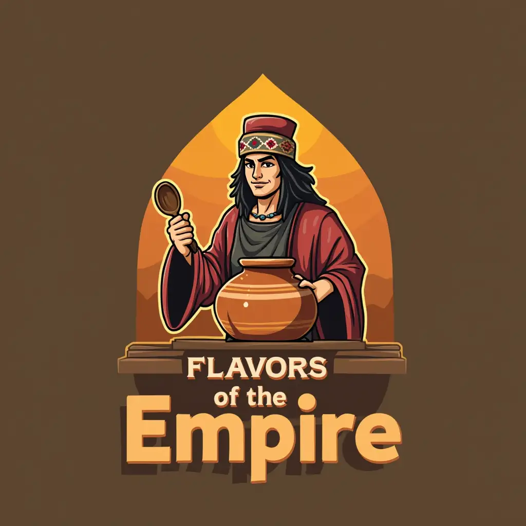 create a logo with the phrase: Flavors of the Empire, I want this logo to have a clay pot and an Inca cooking with a spoon in his hand