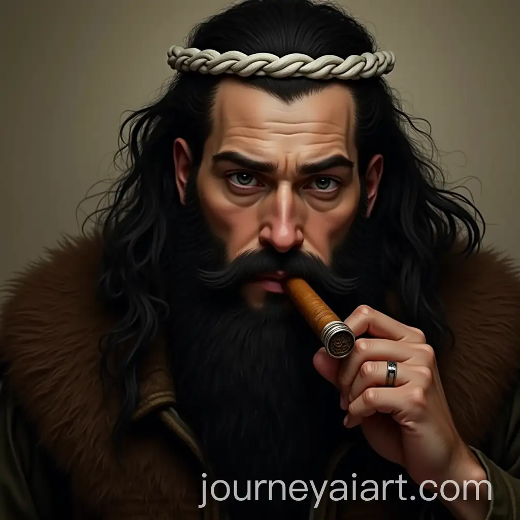 Golden-Dwarf-with-Long-Black-Hair-and-Beard-Smoking-Cigar