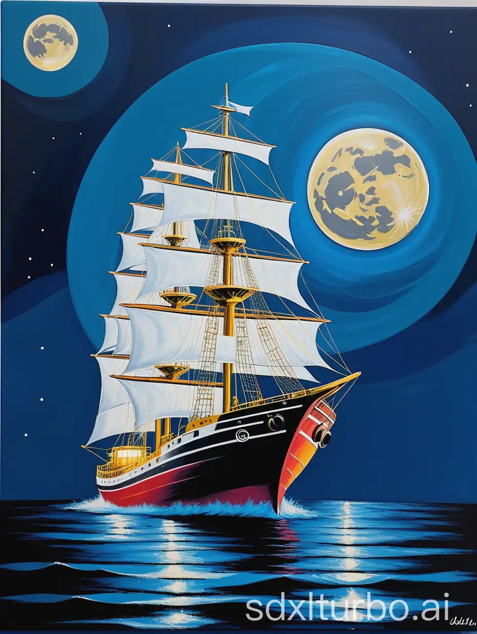 A painting in acrylic of a ship at sea on a blue night with a moon illuminating the boat sailing pop art