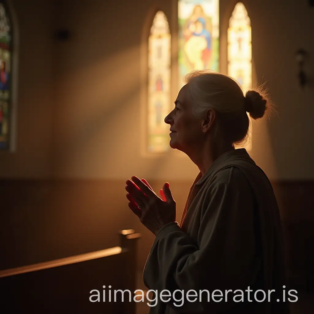 image of an elderly woman praying, pious, devout, in a church, faith, she is surrounded by a halo of light