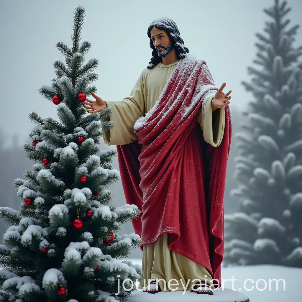 Christ-the-Redeemer-Statue-in-Red-Clothes-with-Snow-and-Christmas-Tree