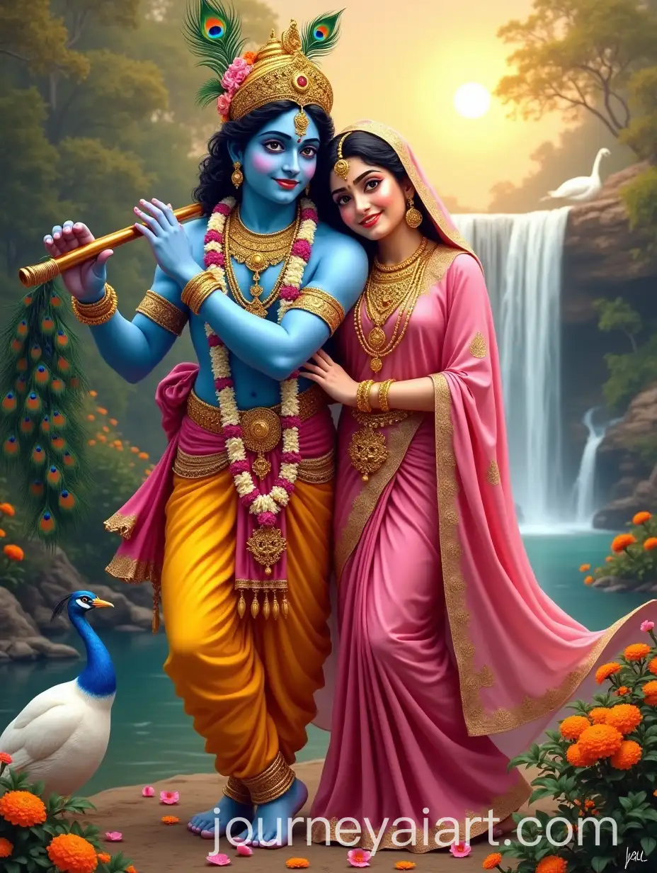 Radha-and-Krishna-in-Divine-Love-with-Peacock-and-Swan-by-Waterfall